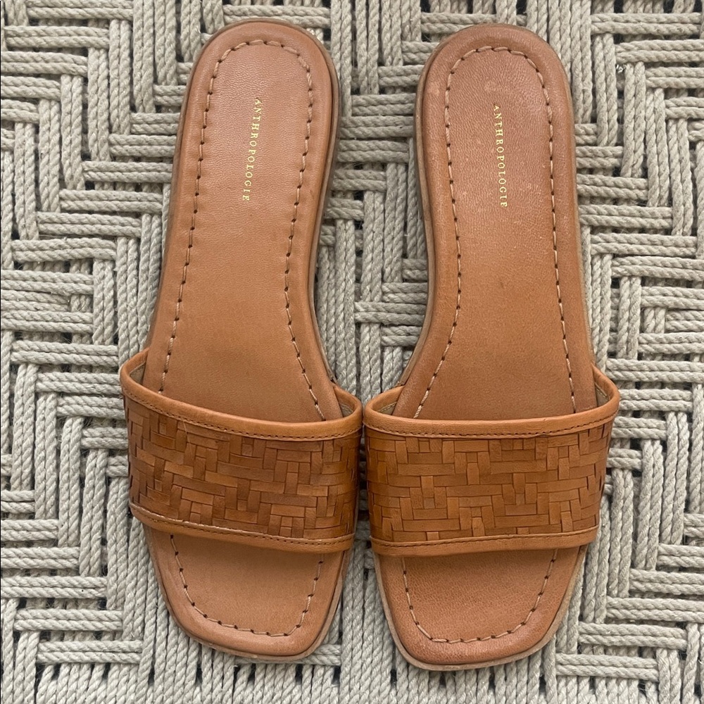 Anthropologie Brown Woven Slide Sandals
